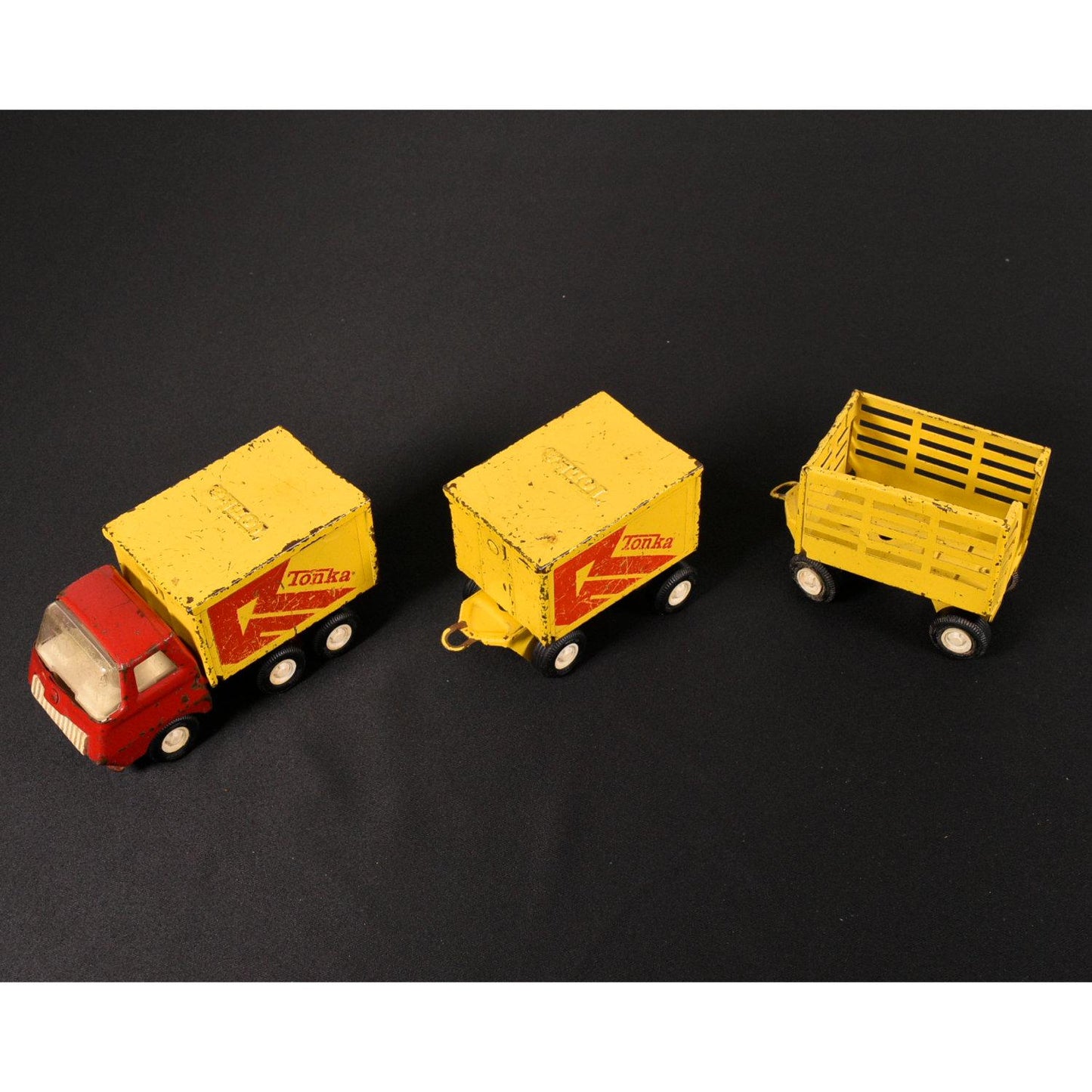Tonka 1970s Metal Delivery Truck with Trailer and Extra Farm Trailer