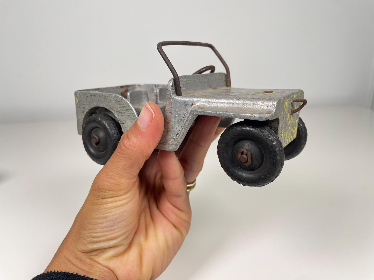 Pair of Vintage Toy Jeeps Open Car 1960s and Metal 1940s Military Jeep
