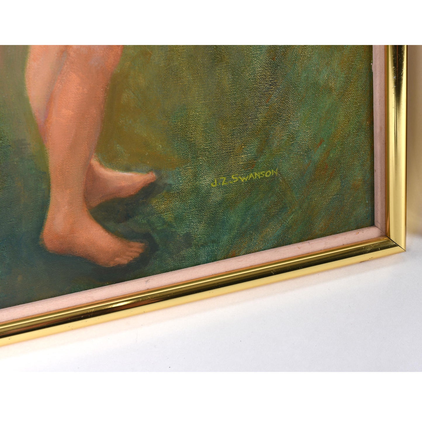 Pair Green Gold Female Figural Nude Goddess Muse Paintings by Swanson