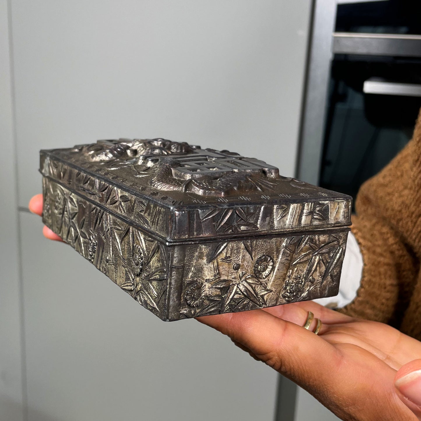 Japanese Metal and Wood Dragon Trinket or Jewelry Box