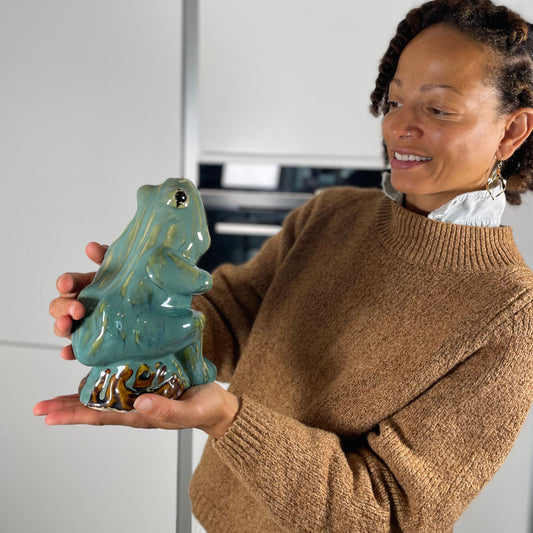20th Century European Majolica Glazed Ceramic Frog Figurine