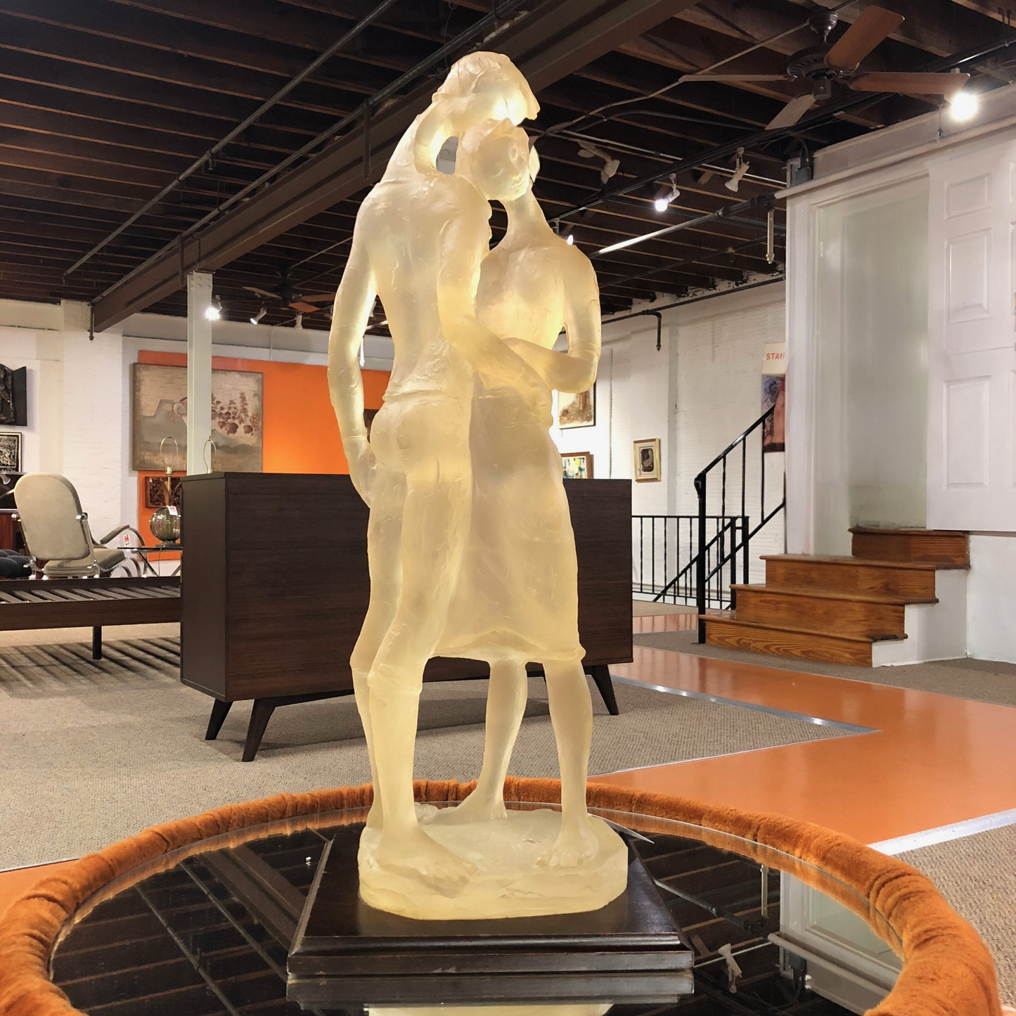 René Lalique Style Signed Resin Sculpture of Two Lovers 81cm Tall