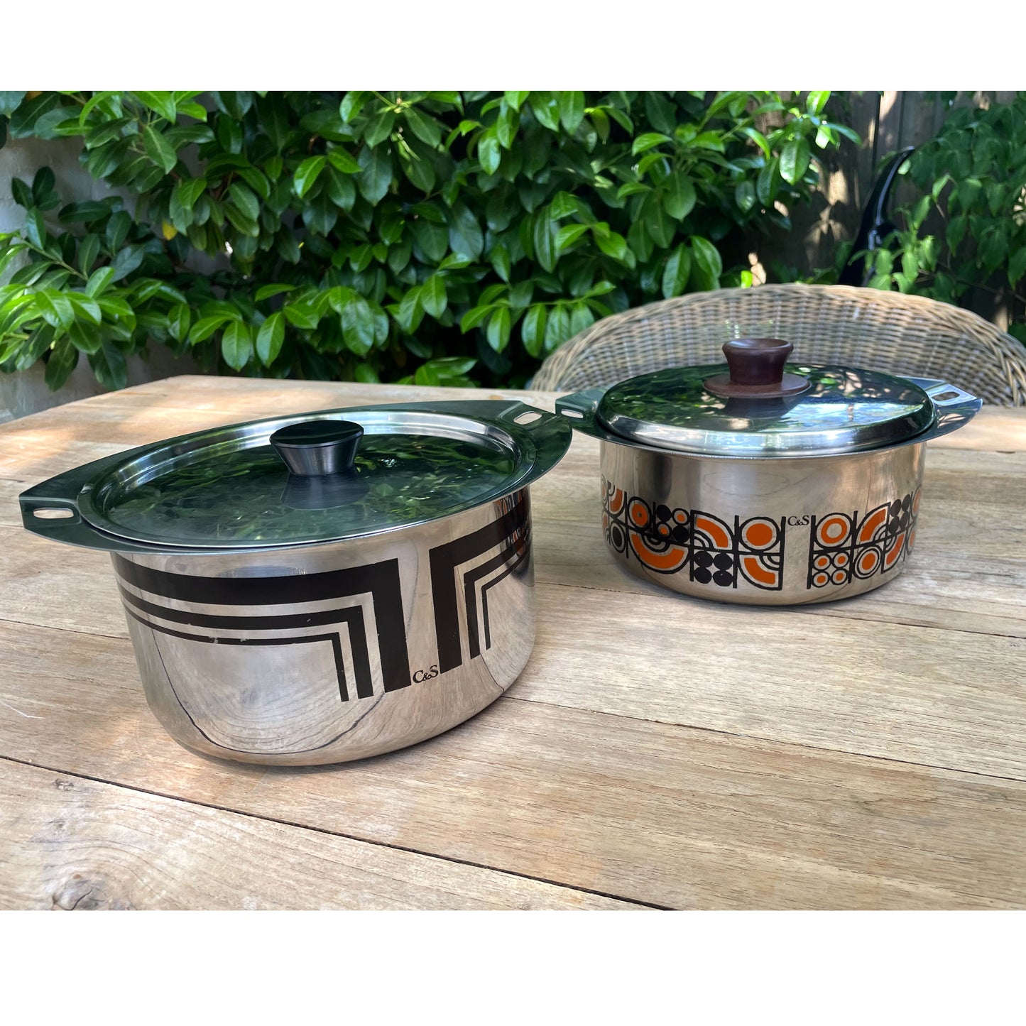 C&S of France Inox Pots oranje en bruin geëmailleerd vintage jaren 70
