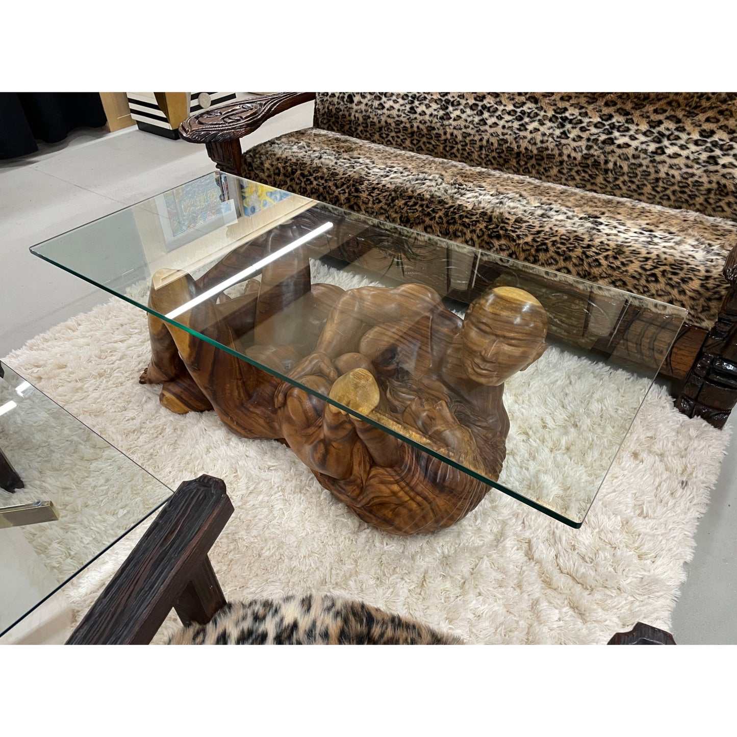 Massive Hand Carved Monkey Pod Exotic Hardwood Lovers Embrace Coffee Table