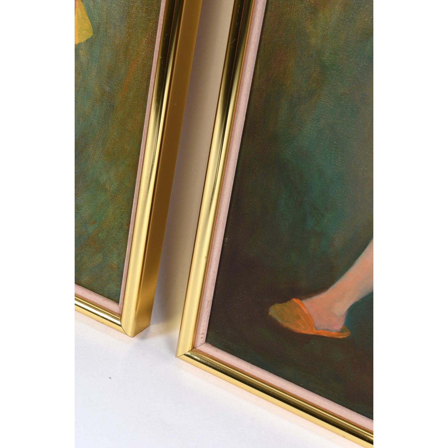Pair Green Gold Female Figural Nude Goddess Muse Paintings by Swanson