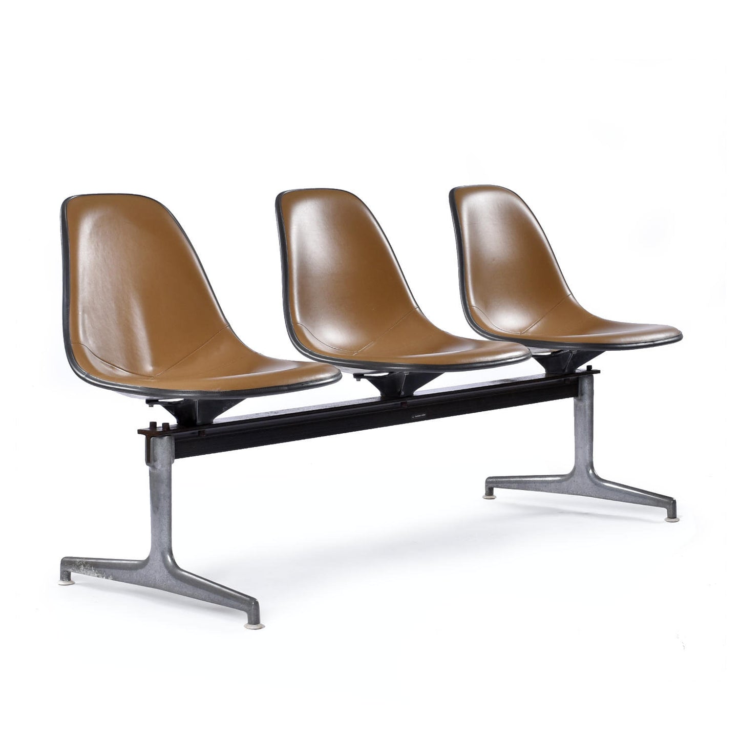 Herman Miller Eames Tandem Bench with Brown Naugahyde Pad Shell Chairs