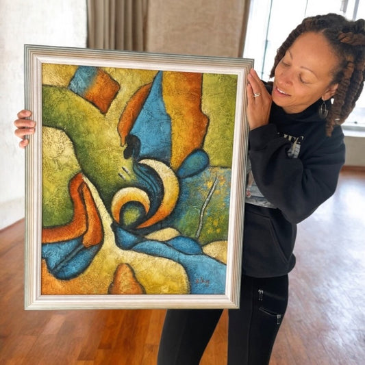 B. Long Modernistisch Abstract Schilderij in Originele Regenbooglijst