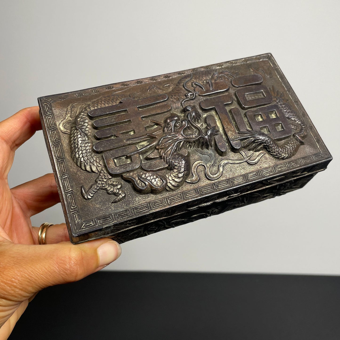Japanese Metal and Wood Dragon Trinket or Jewelry Box