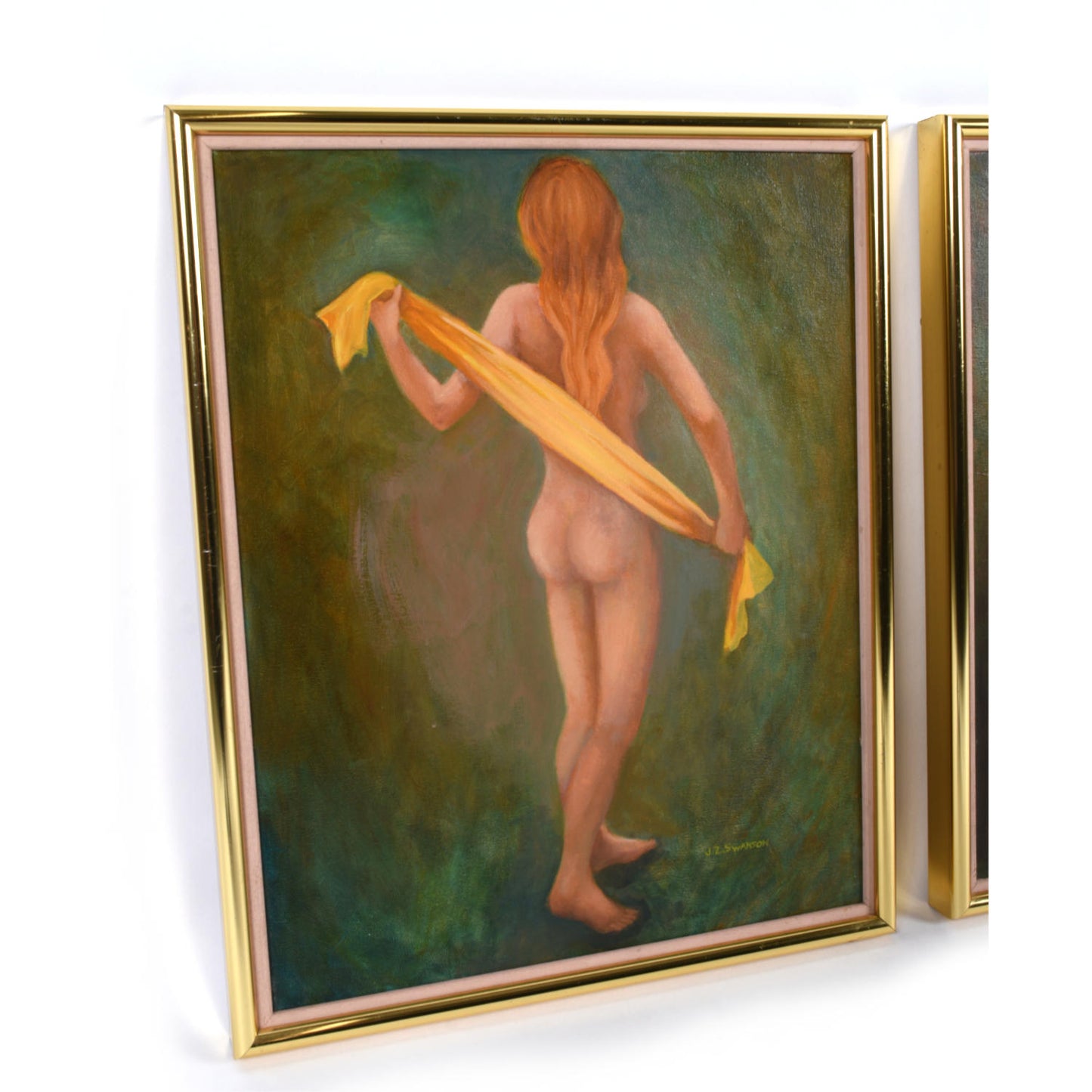 Pair Green Gold Female Figural Nude Goddess Muse Paintings by Swanson
