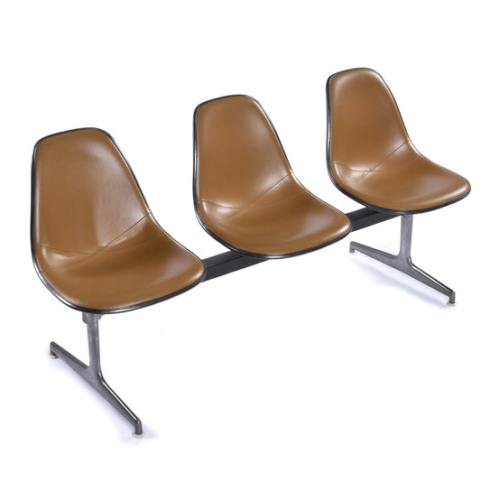 Herman Miller Eames Tandem Bench with Brown Naugahyde Pad Shell Chairs