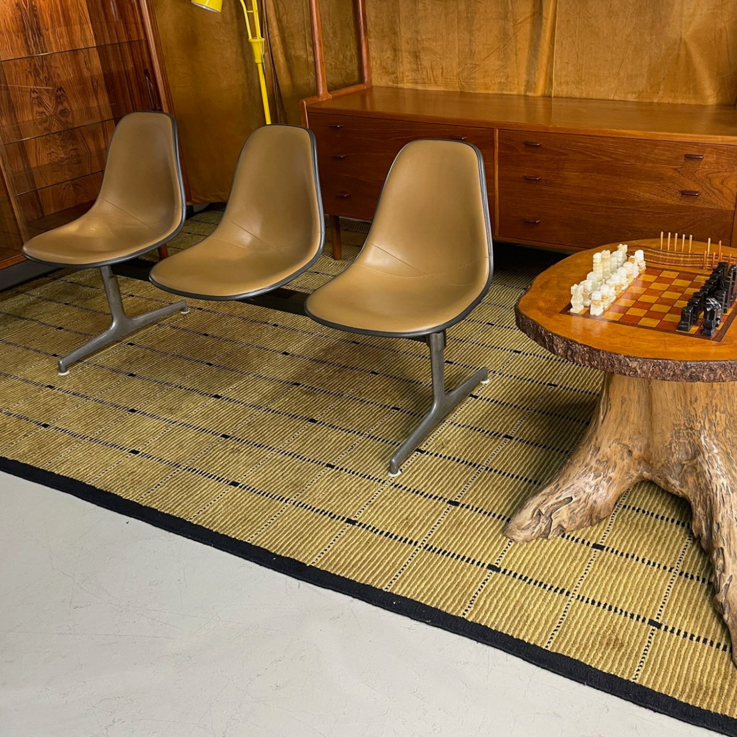 Herman Miller Eames Tandem Bench with Brown Naugahyde Pad Shell Chairs