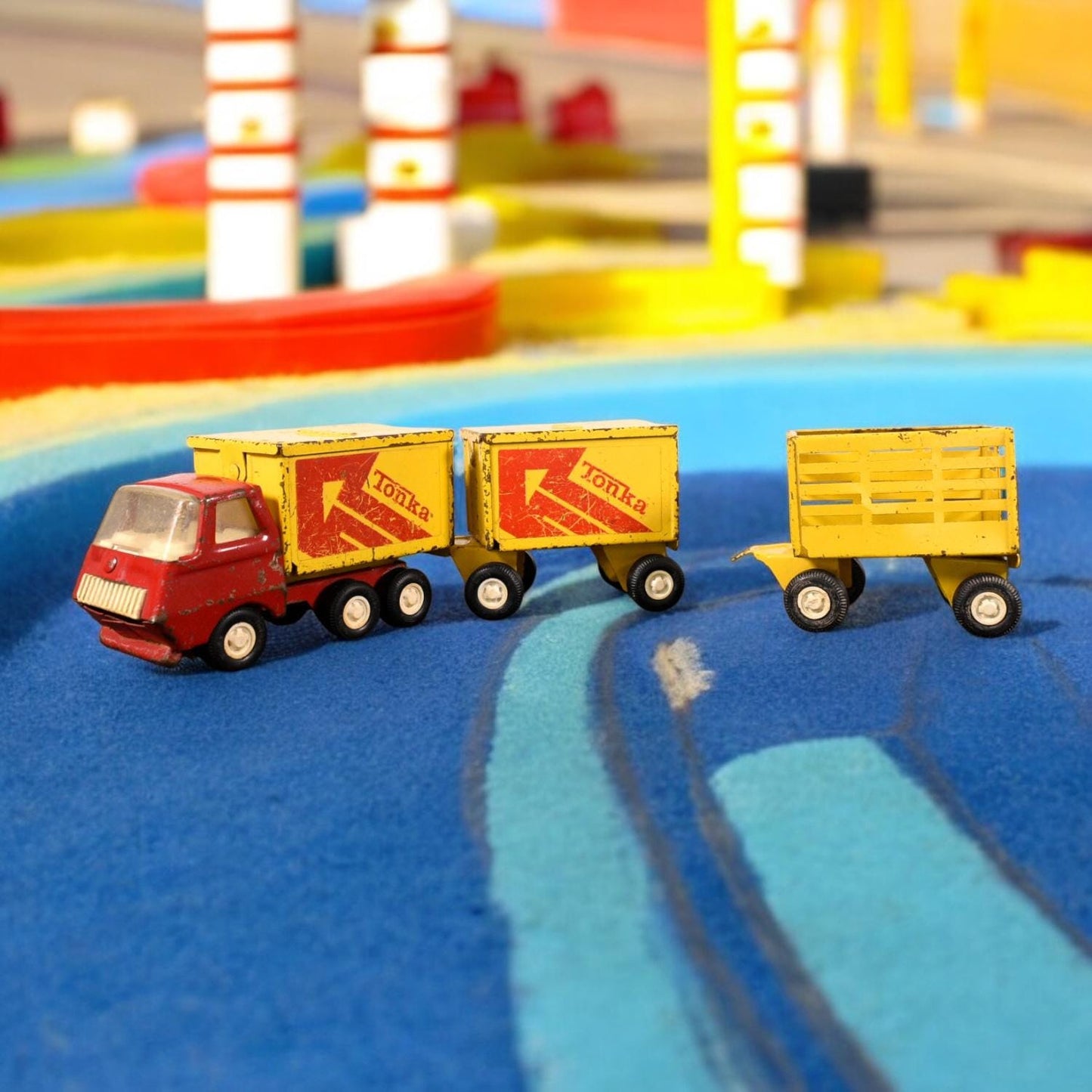 Tonka 1970s Metal Delivery Truck with Trailer and Extra Farm Trailer