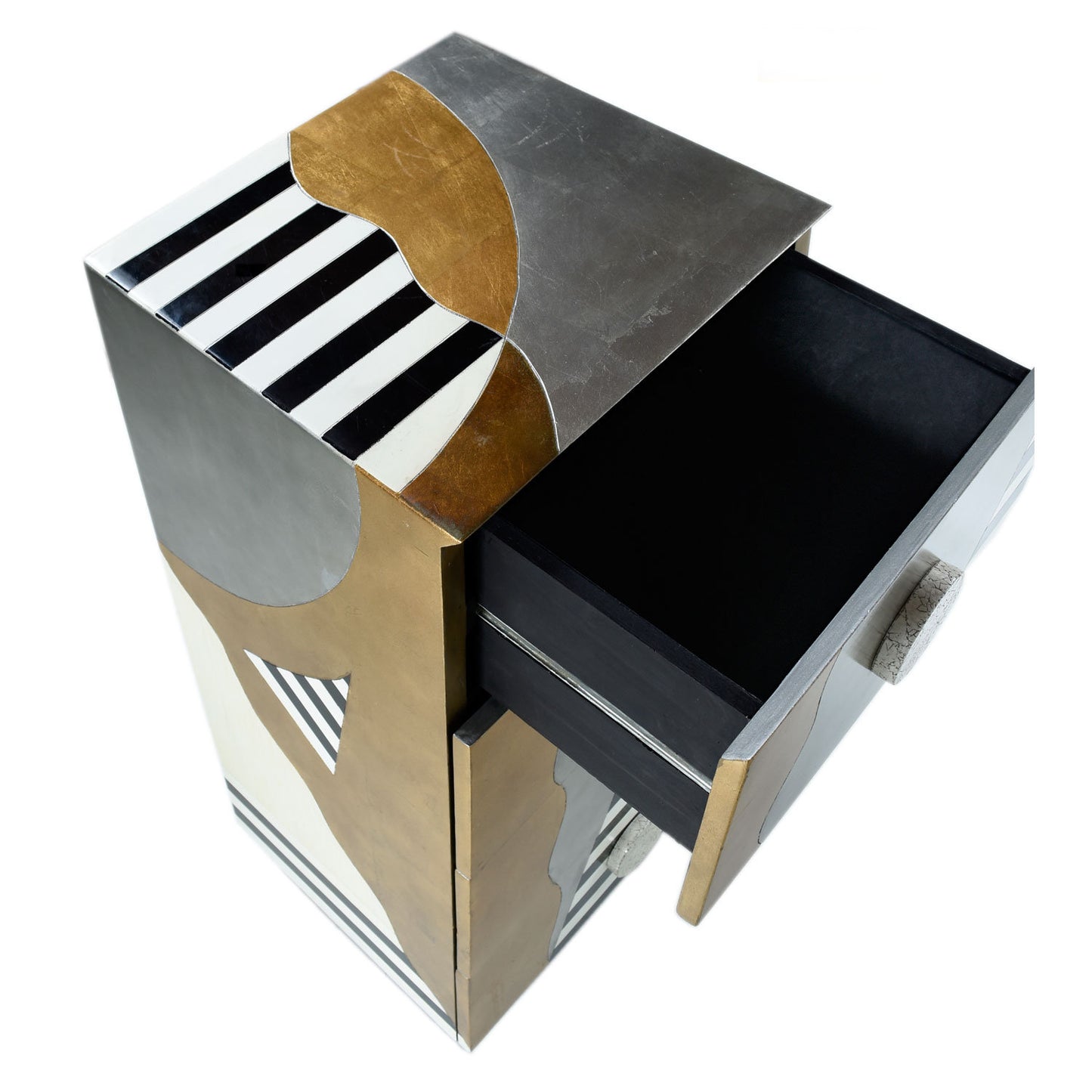 Lam Lee Memphis Style Silver and Gold Foil Pyramid Chest of Drawers
