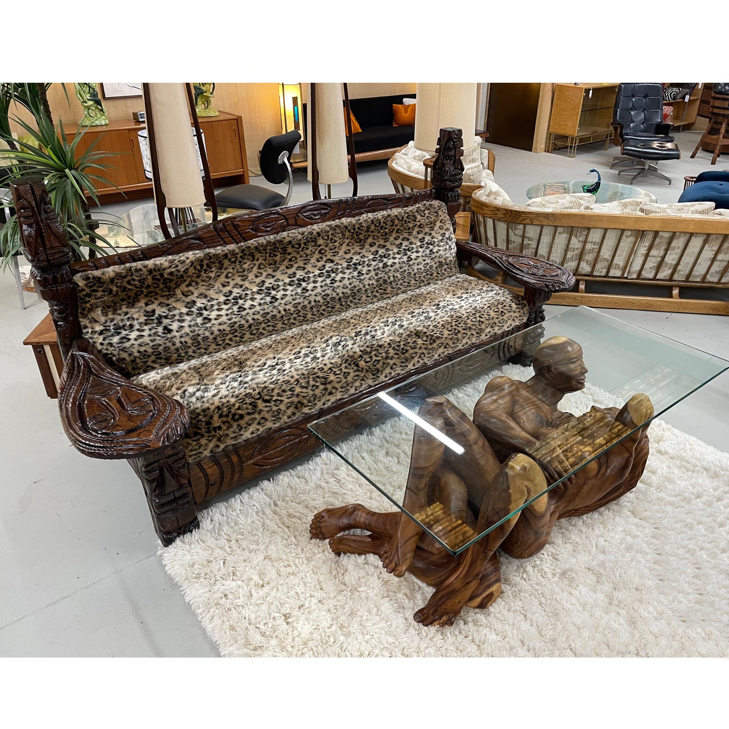 Massive Hand Carved Monkey Pod Exotic Hardwood Lovers Embrace Coffee Table