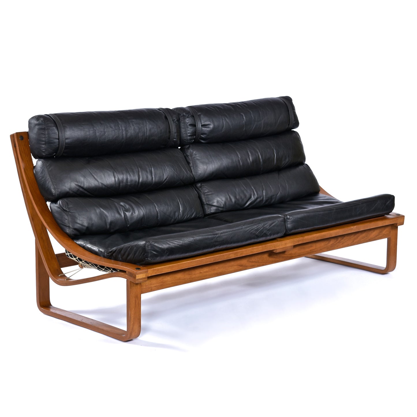 1970s Fred Lowen for Tessa Black Leather & Teak T4 Sling Sofa