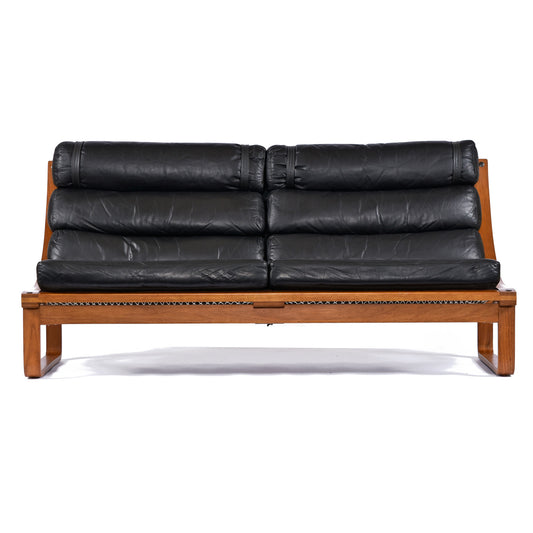 1970s Fred Lowen for Tessa Black Leather & Teak T4 Sling Sofa