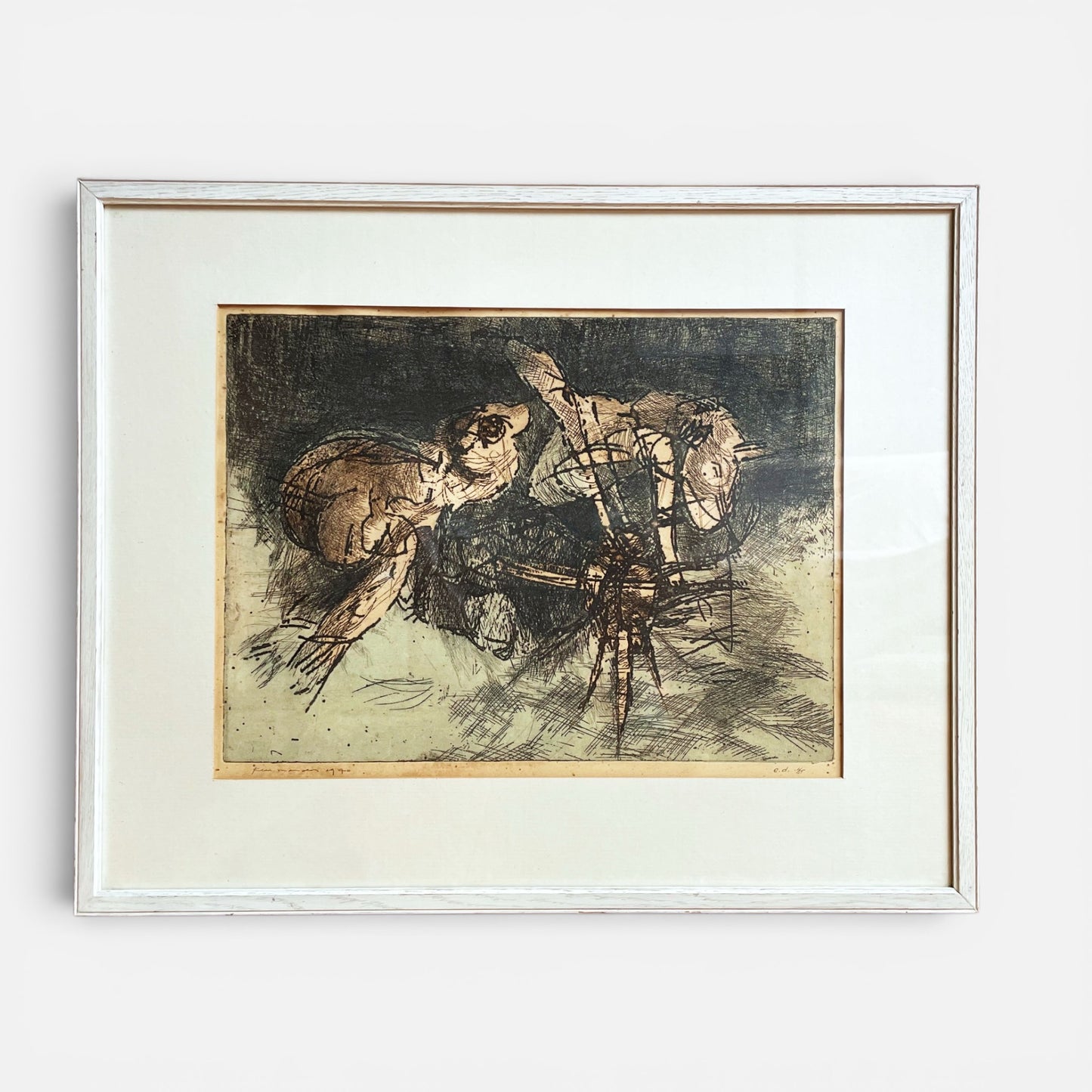 Nederlandse Ets van een springende kikker 1970 gesigneerde en genummerde prent
