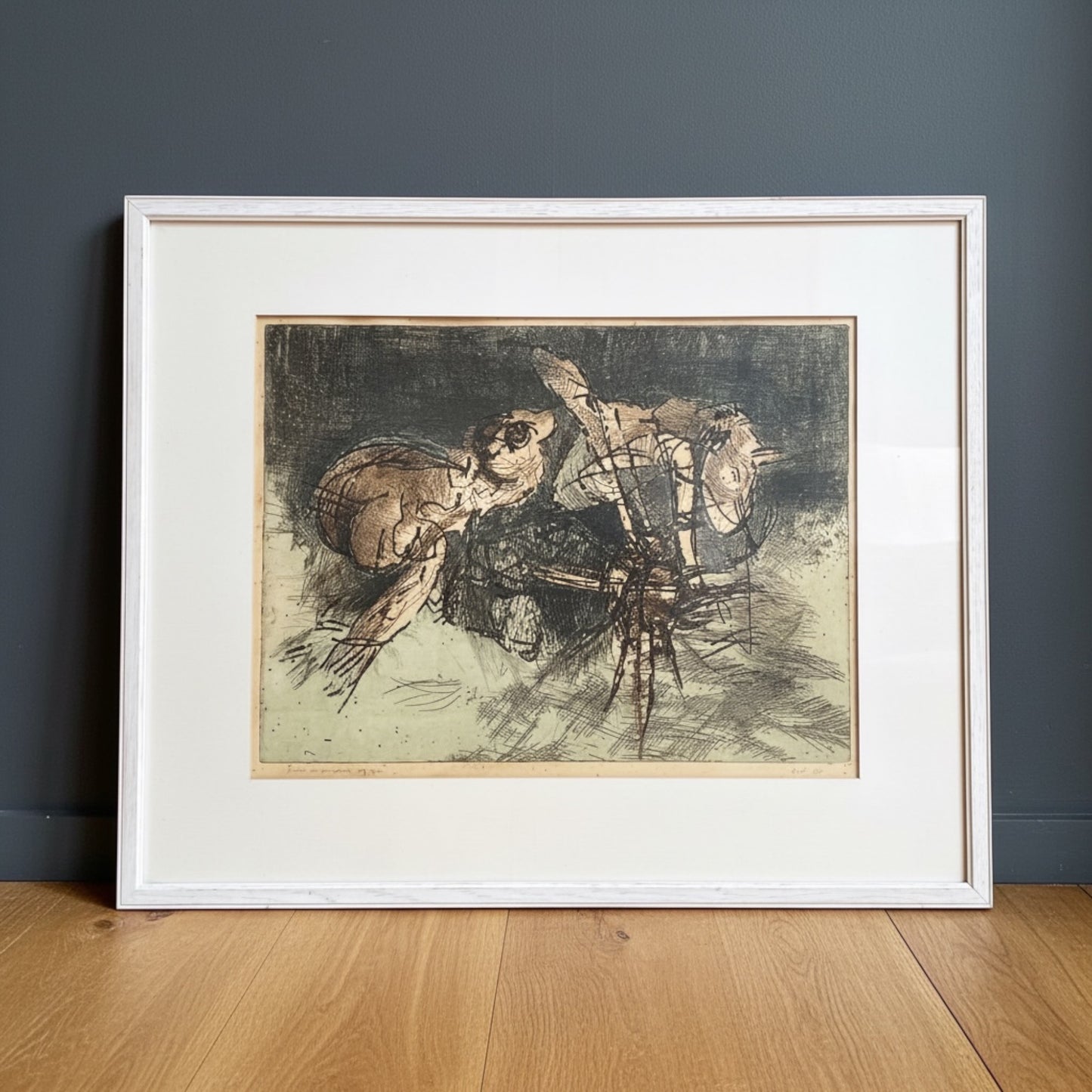 Nederlandse Ets van een springende kikker 1970 gesigneerde en genummerde prent