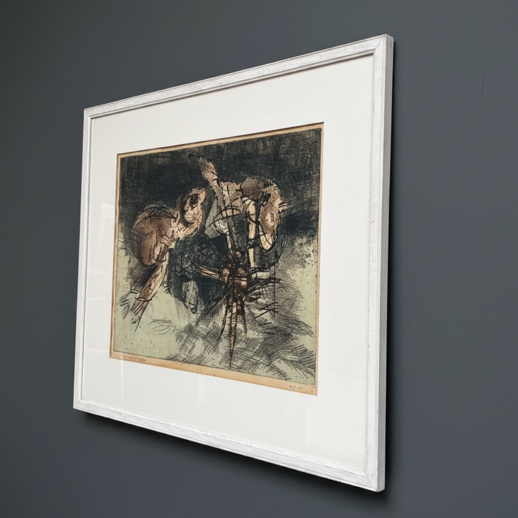 Nederlandse Ets van een springende kikker 1970 gesigneerde en genummerde prent