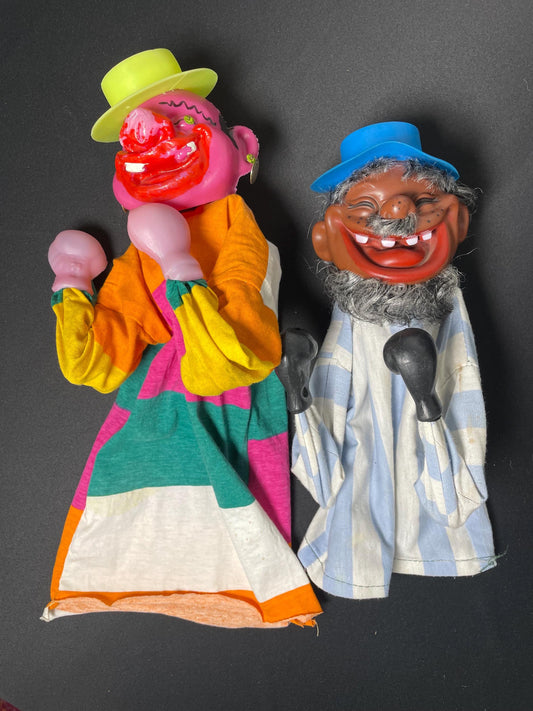 Pair of Vintage Boxing Hand Puppets Asian Man and Clown