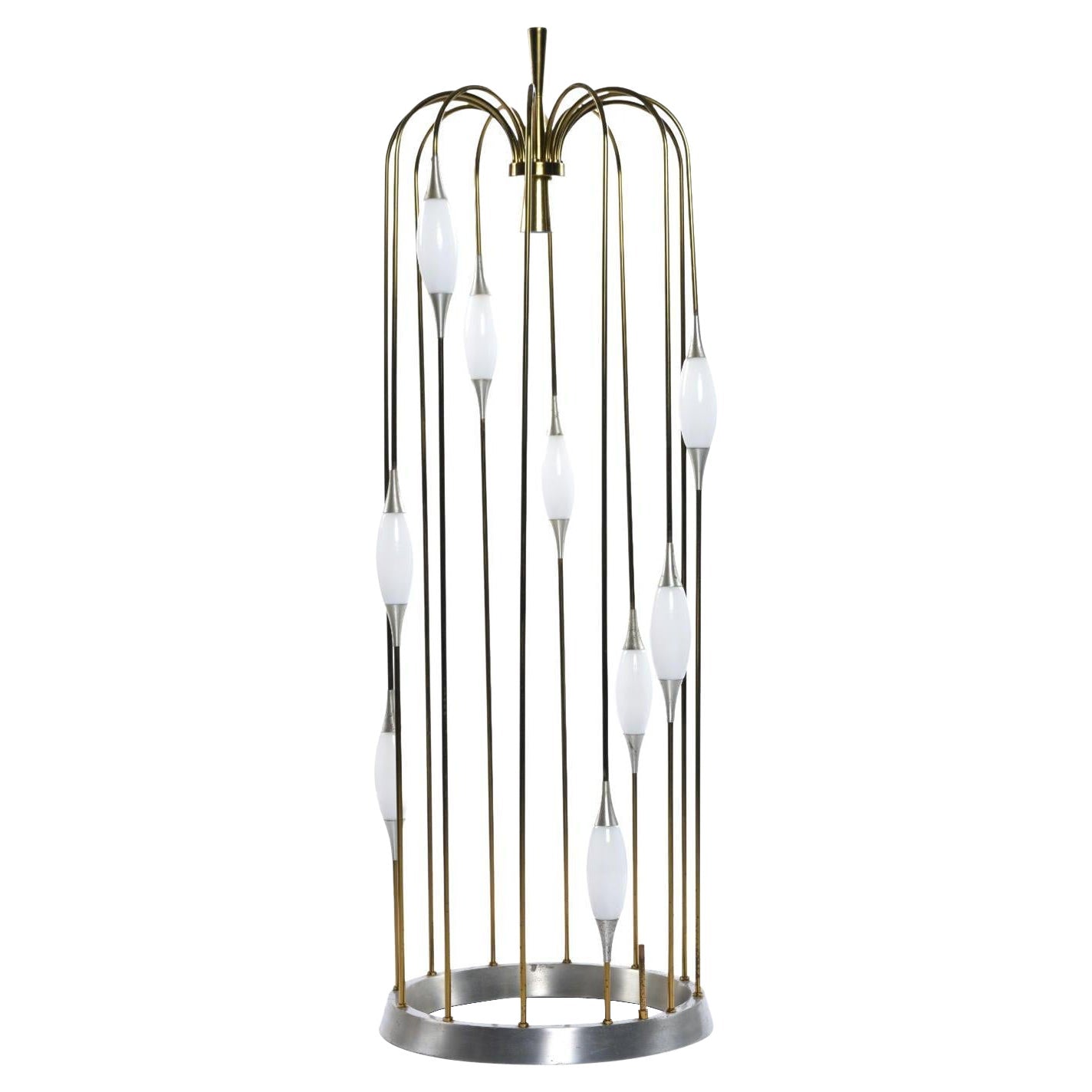 1970s Lightolier Gold Colored Metal Waterfall Cage Lamp with New White Glass Diffusers