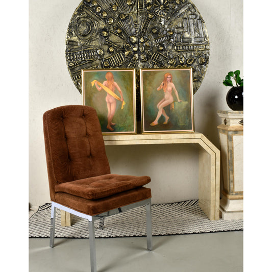 Pair Green Gold Female Figural Nude Goddess Muse Paintings by Swanson