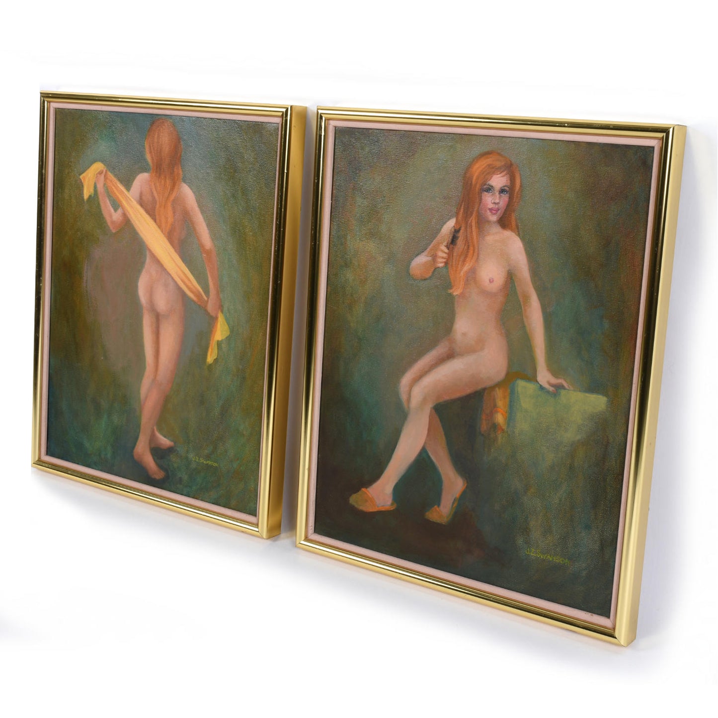 Pair Green Gold Female Figural Nude Goddess Muse Paintings by Swanson