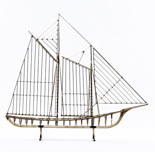 1976 Curtis Jere Brass Wire Galleon Ship Sailboat Metal Sculpture Art