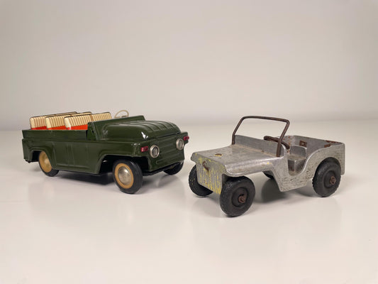 Pair of Vintage Toy Jeeps Open Car 1960s and Metal 1940s Military Jeep