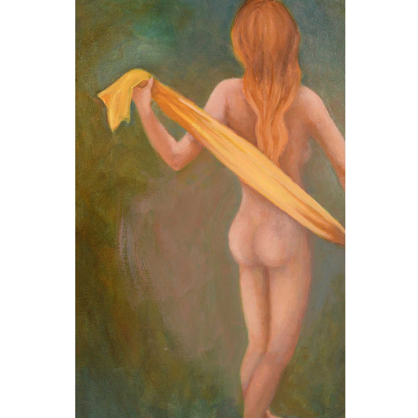 Pair Green Gold Female Figural Nude Goddess Muse Paintings by Swanson