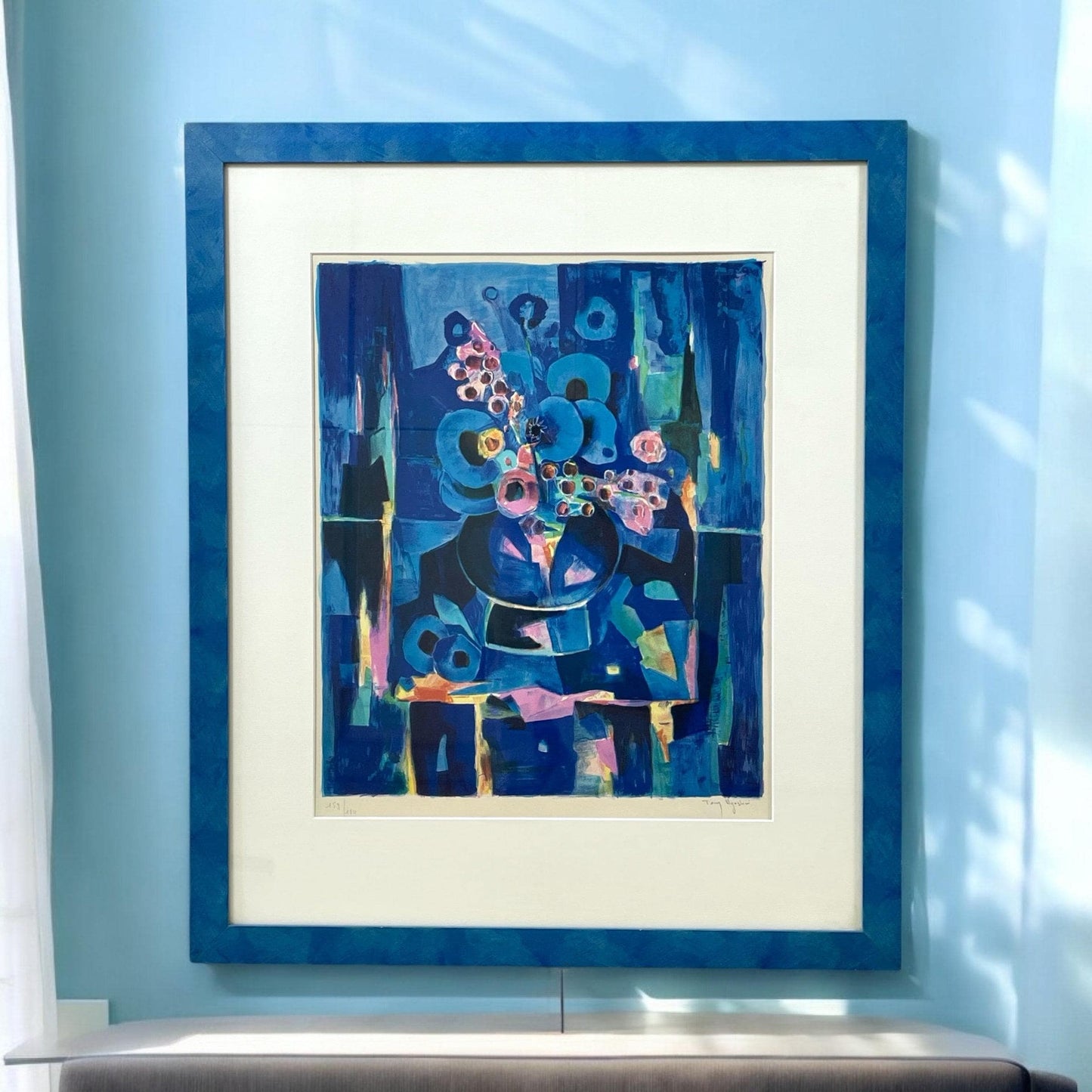Tony Agostini Pencil Signed Limited Bouquet Au Vase Bleu Lithograph Custom Frame