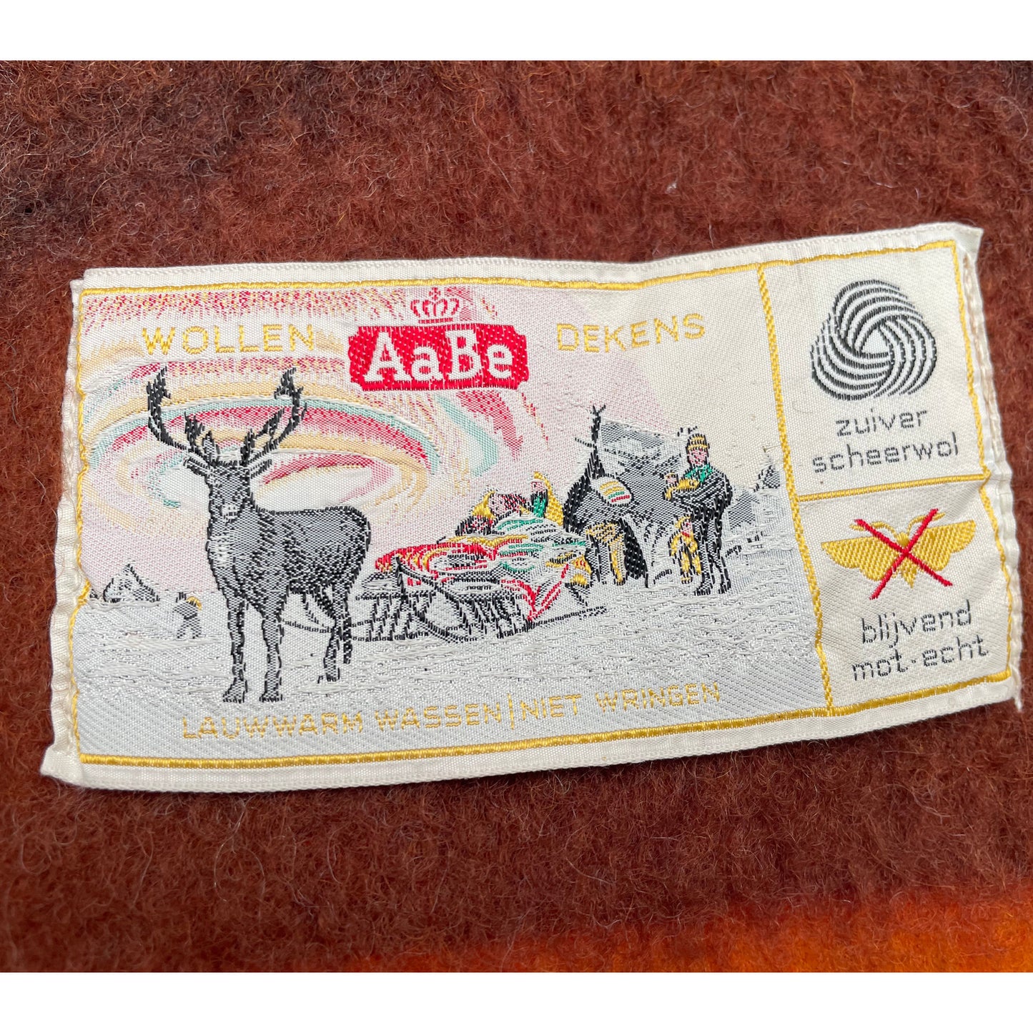 Aabe Zuiver Scheerwol Oranje en Bruine Wollen Deken Jaren 70