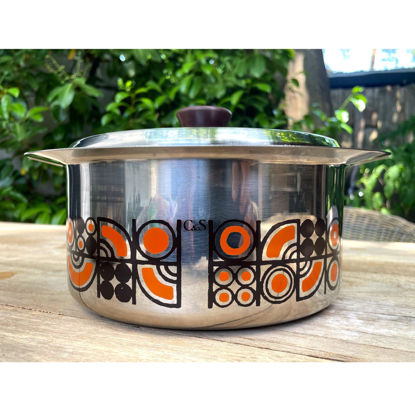 C&S of France Inox Pots oranje en bruin geëmailleerd vintage jaren 70