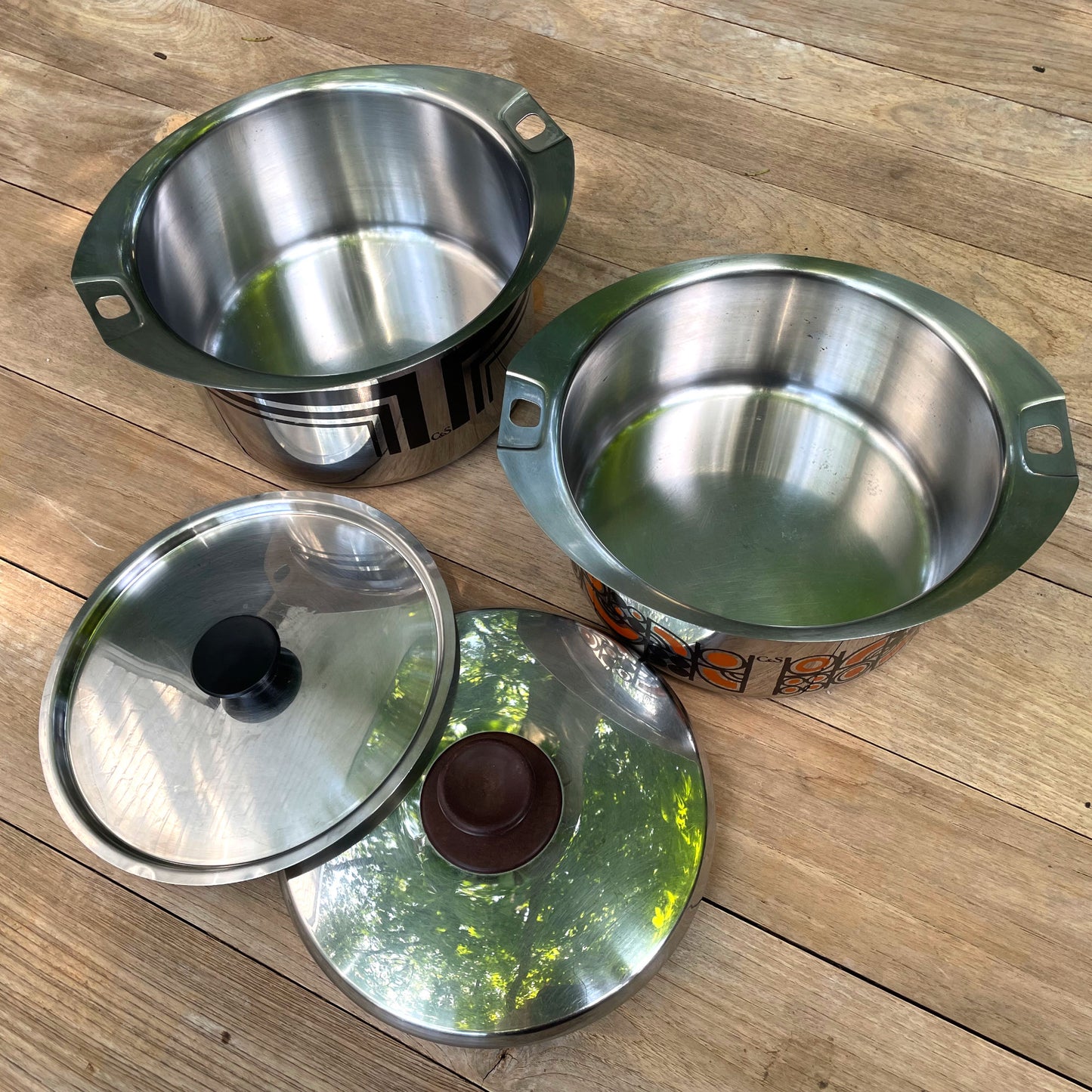 C&S of France Inox Pots oranje en bruin geëmailleerd vintage jaren 70