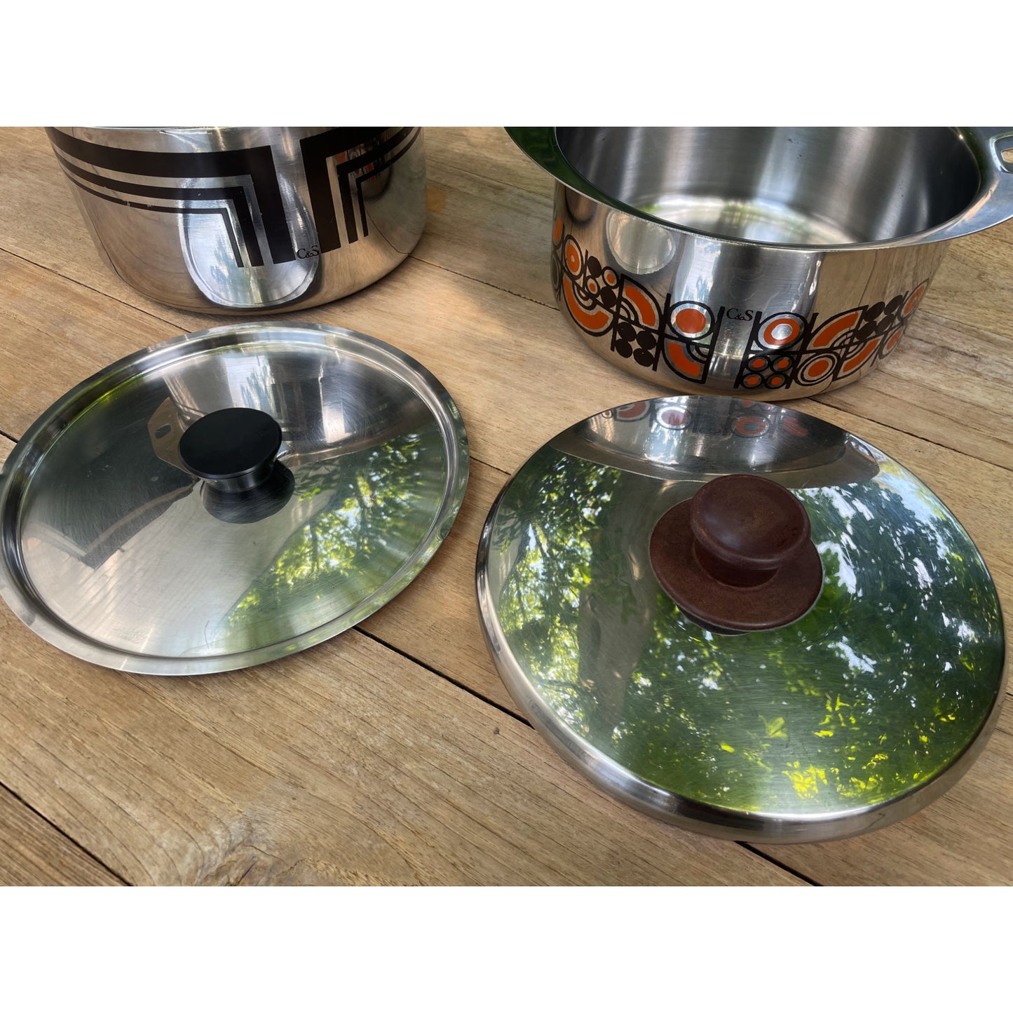 C&S of France Inox Pots oranje en bruin geëmailleerd vintage jaren 70