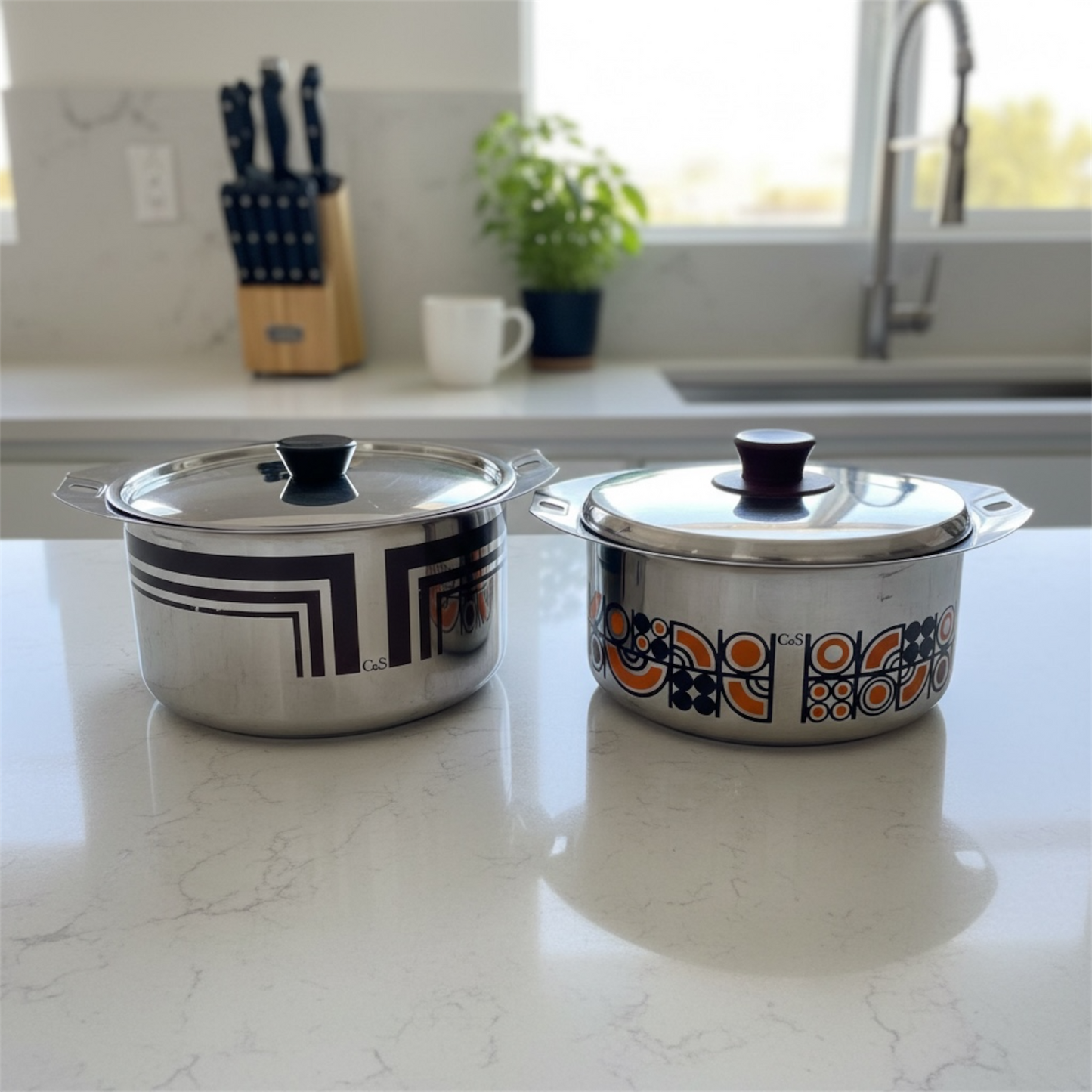 C&S of France Inox Pots oranje en bruin geëmailleerd vintage jaren 70