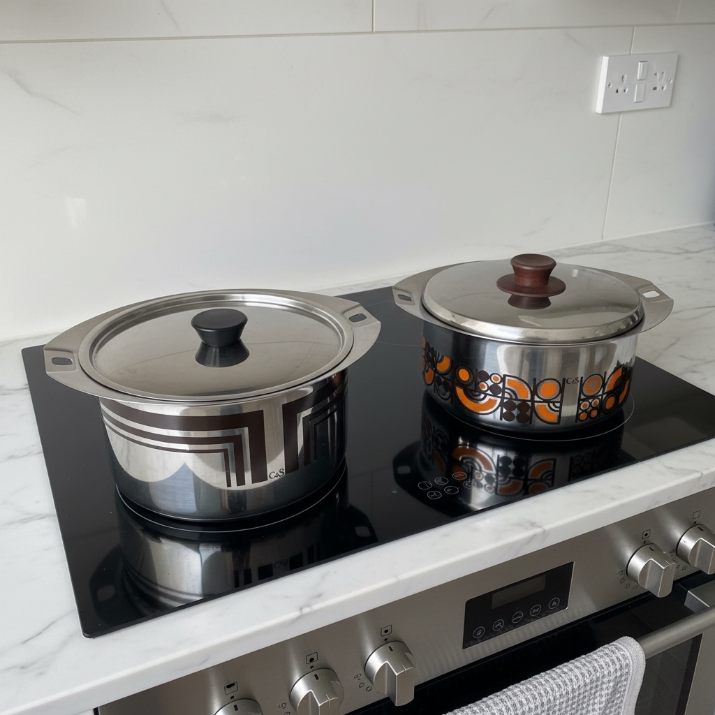 C&S of France Inox Pots oranje en bruin geëmailleerd vintage jaren 70