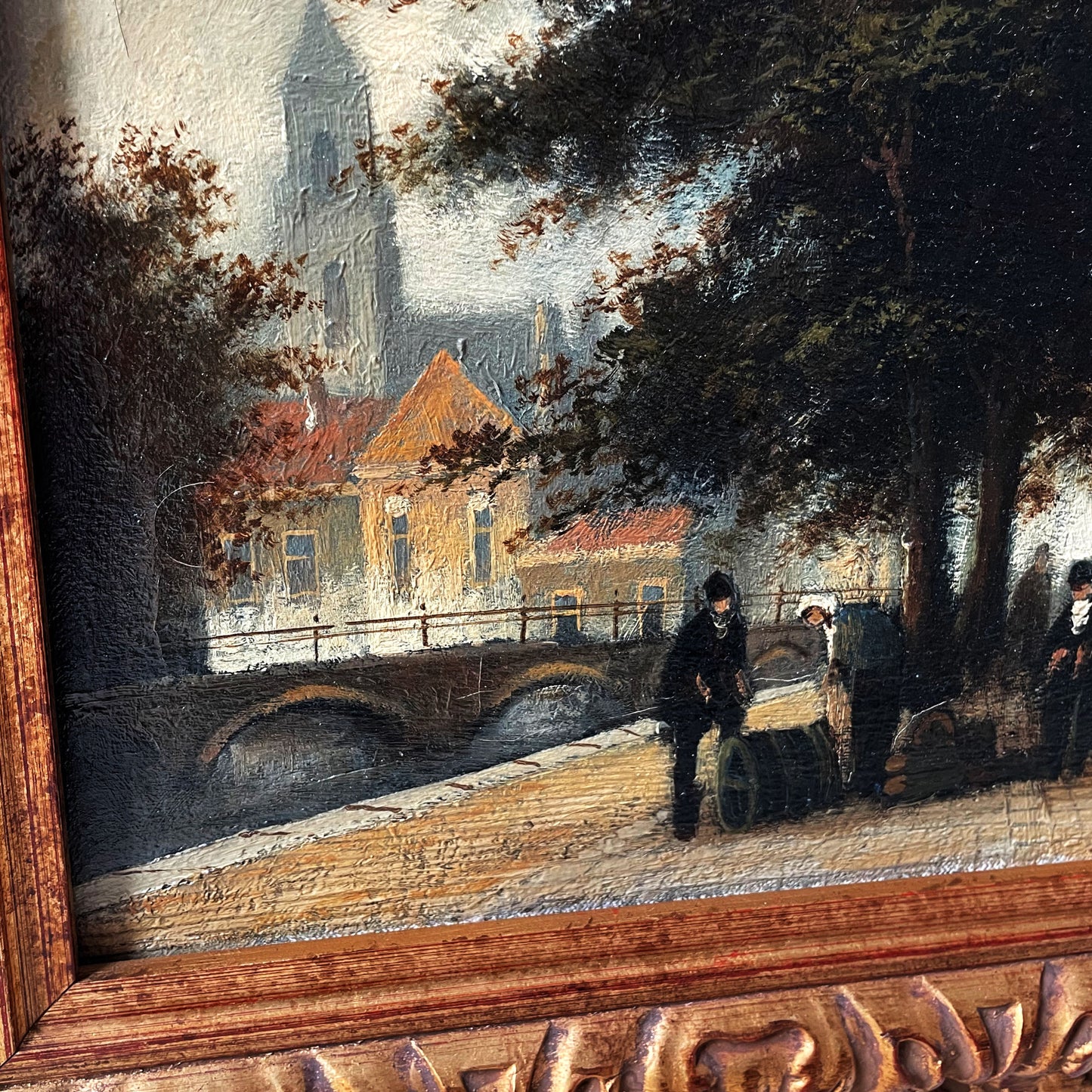 Nederlands straatbeeld olieverfschilderij in sierlijke lijst gesigneerd Nijland