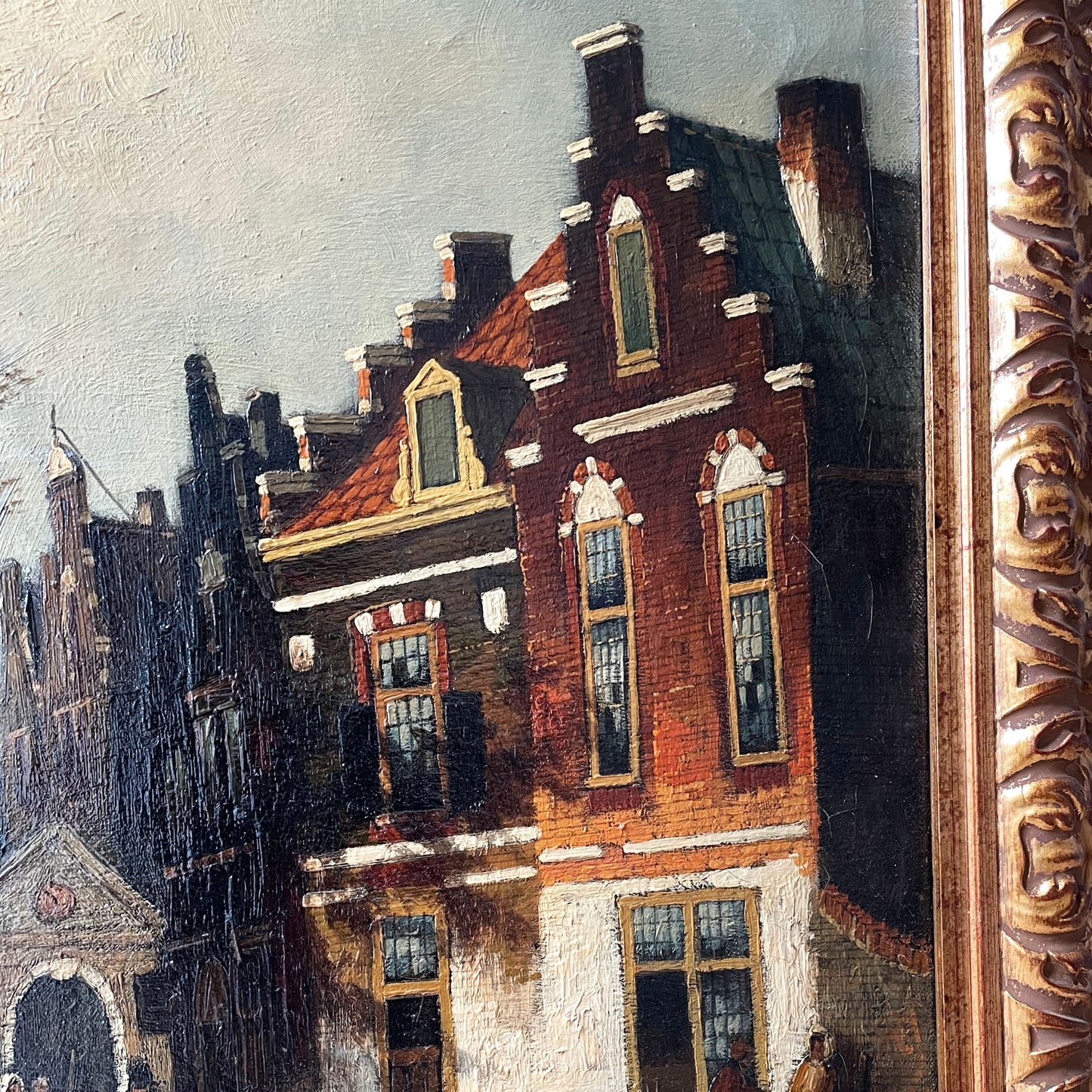 Nederlands straatbeeld olieverfschilderij in sierlijke lijst gesigneerd Nijland