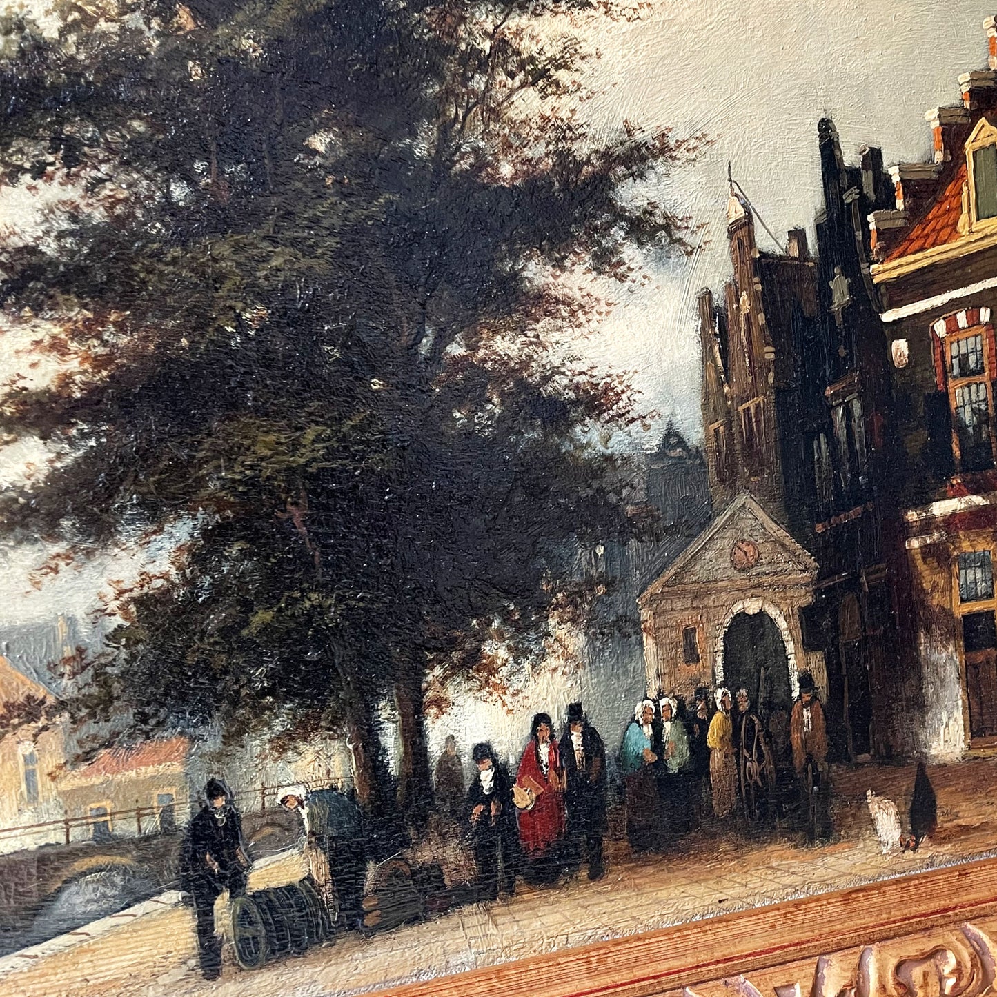 Nederlands straatbeeld olieverfschilderij in sierlijke lijst gesigneerd Nijland