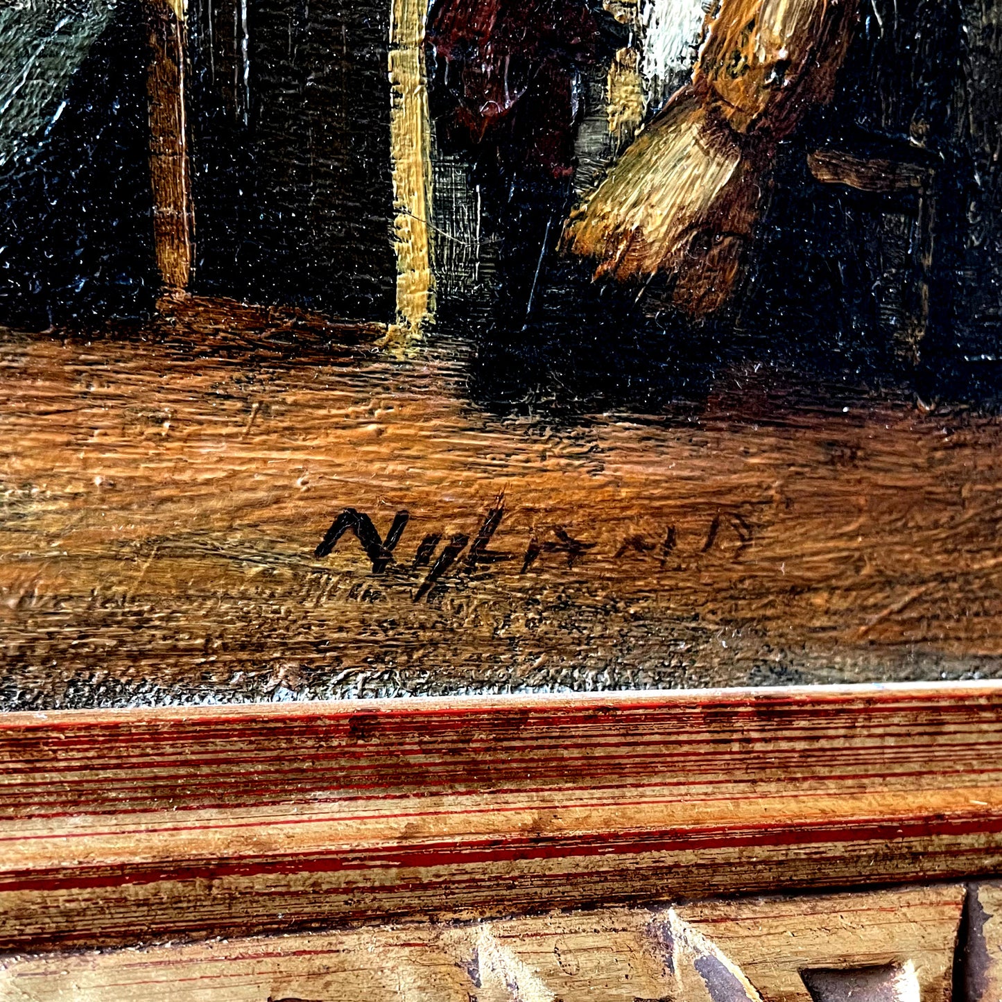 Nederlands straatbeeld olieverfschilderij in sierlijke lijst gesigneerd Nijland