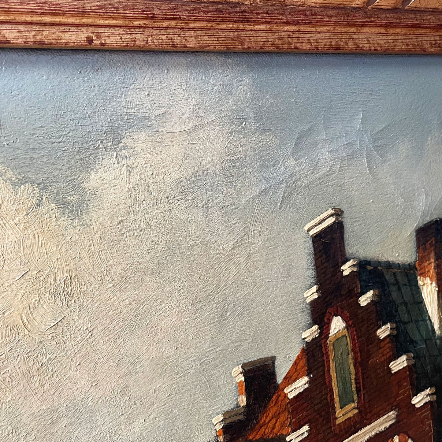 Nederlands straatbeeld olieverfschilderij in sierlijke lijst gesigneerd Nijland