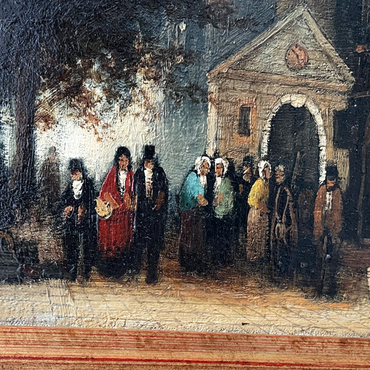 Nederlands straatbeeld olieverfschilderij in sierlijke lijst gesigneerd Nijland
