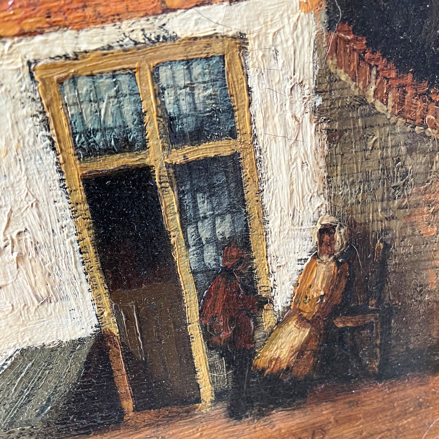 Nederlands straatbeeld olieverfschilderij in sierlijke lijst gesigneerd Nijland