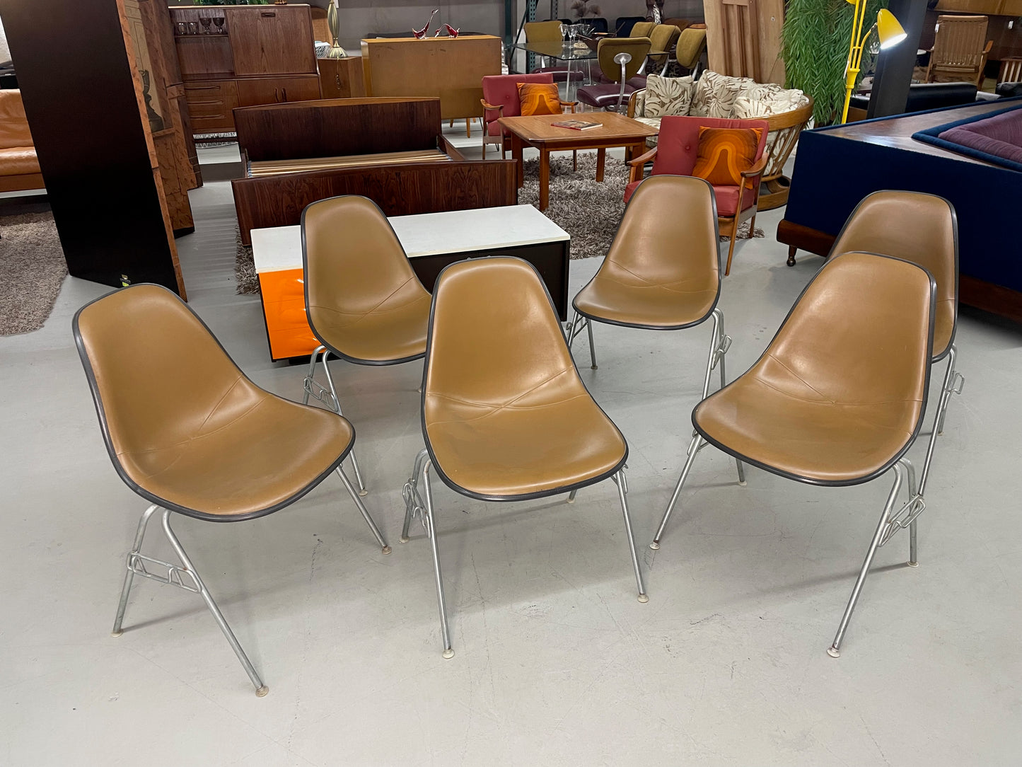 6 Herman Miller Eames Stacking Shell Chairs with Brown Naugahyde Pads