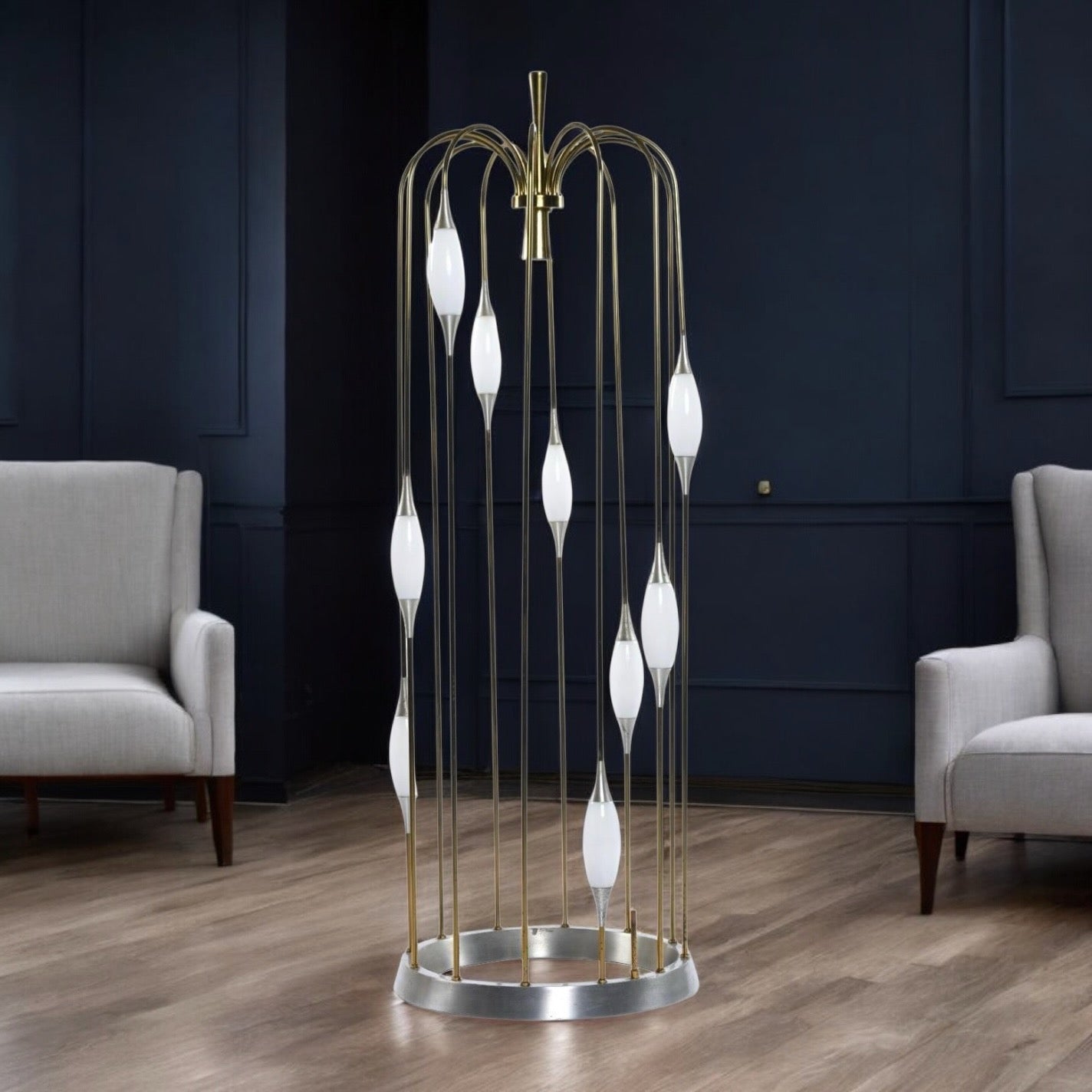 1970s Lightolier Gold Colored Metal Waterfall Cage Lamp with New White Glass Diffusers
