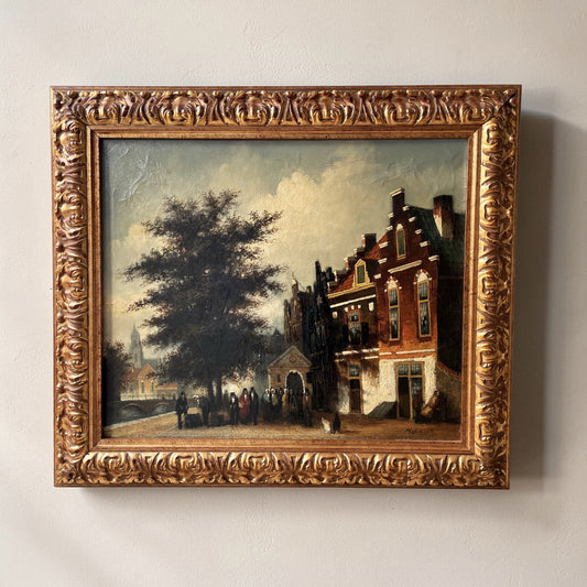 Nederlands straatbeeld olieverfschilderij in sierlijke lijst gesigneerd Nijland