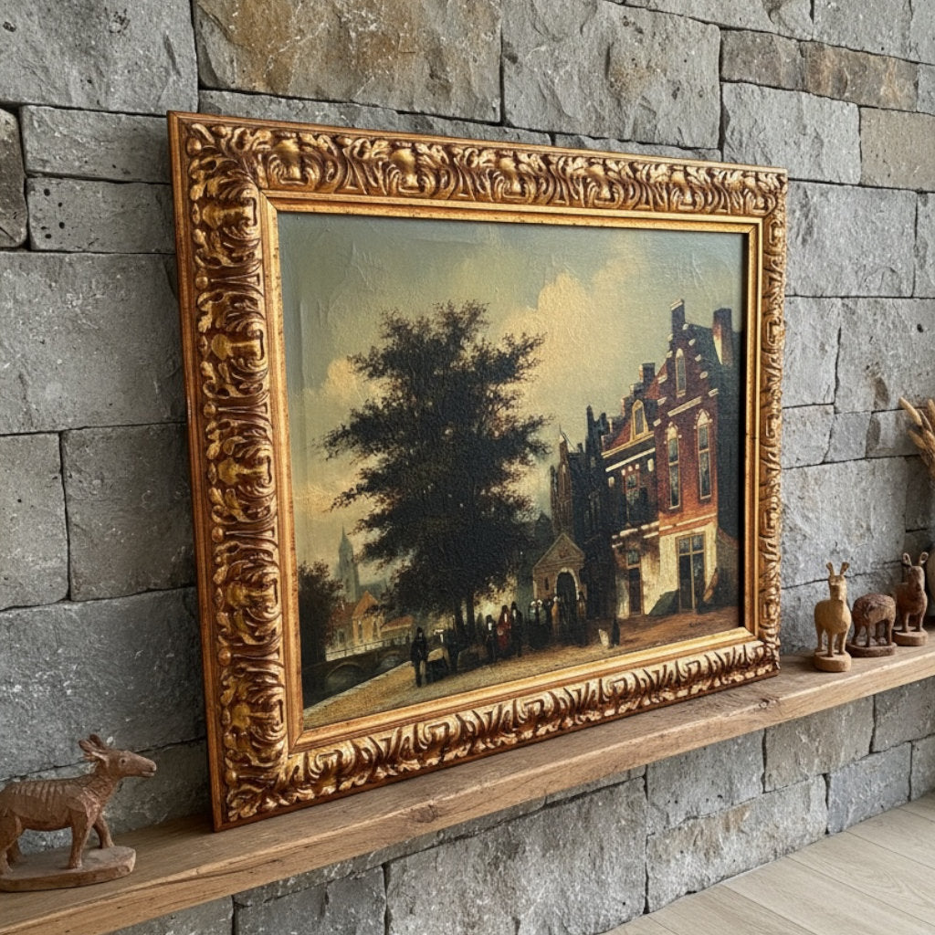 Nederlands straatbeeld olieverfschilderij in sierlijke lijst gesigneerd Nijland