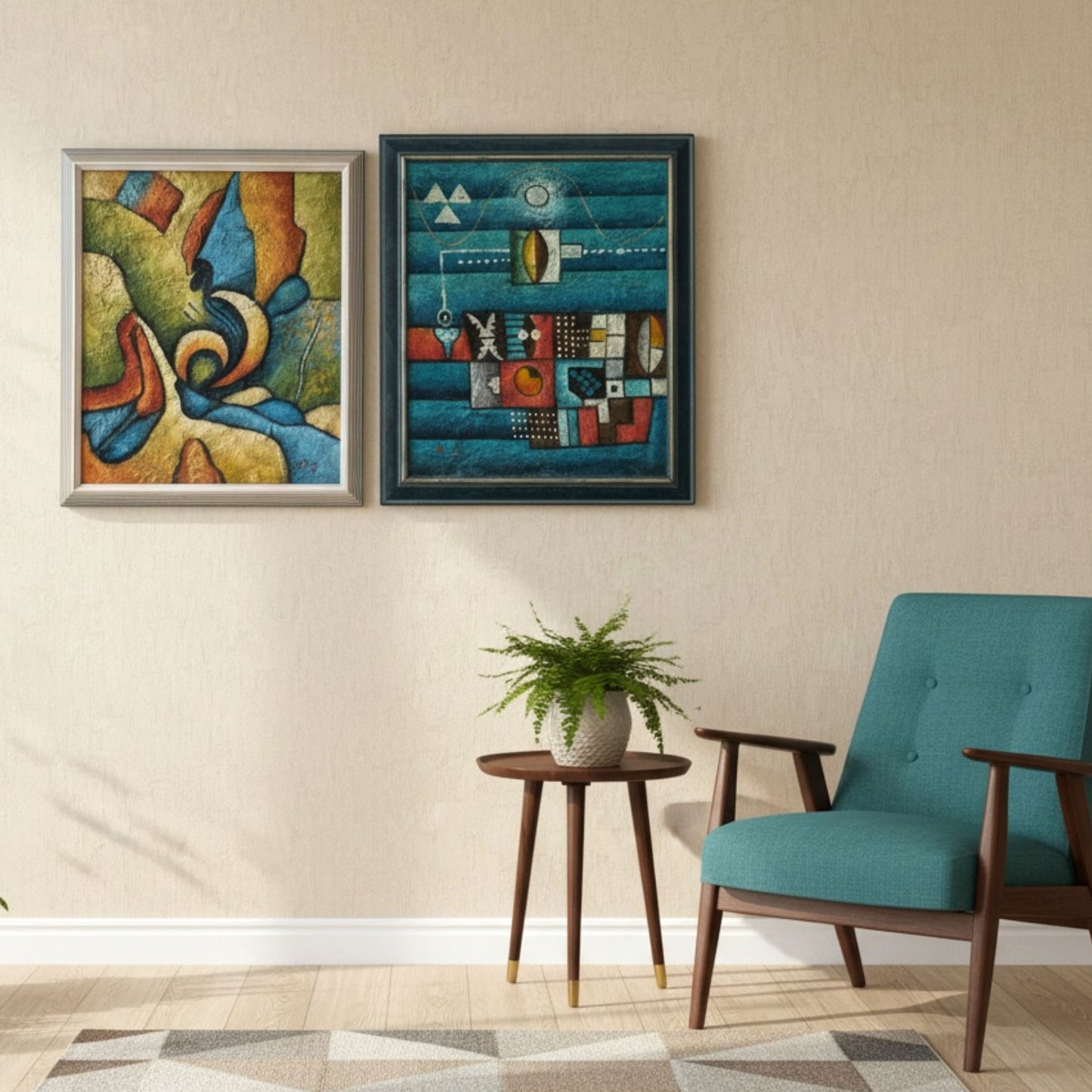 Twee schilderijen uit het midden van de 20e eeuw van B. Long