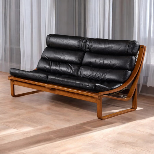 1970s Fred Lowen for Tessa Black Leather & Teak T4 Sling Sofa